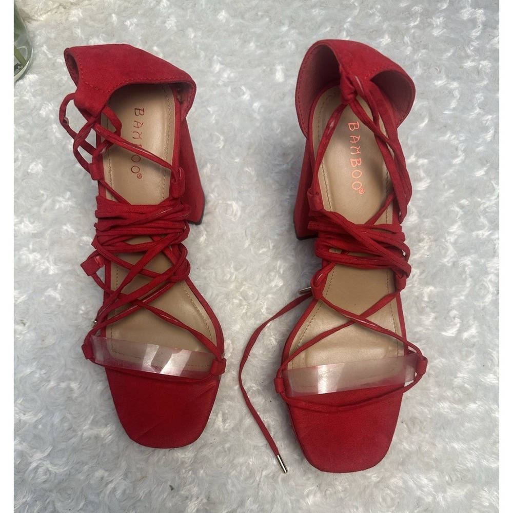 Bamboo Red Faux Suede Lace-Up Strappy Open Toe Block Heel Women 10